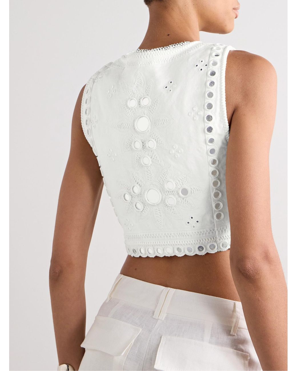 LoveShackFancy White Cropped Paillette-Embellished Embroidered Linen Top