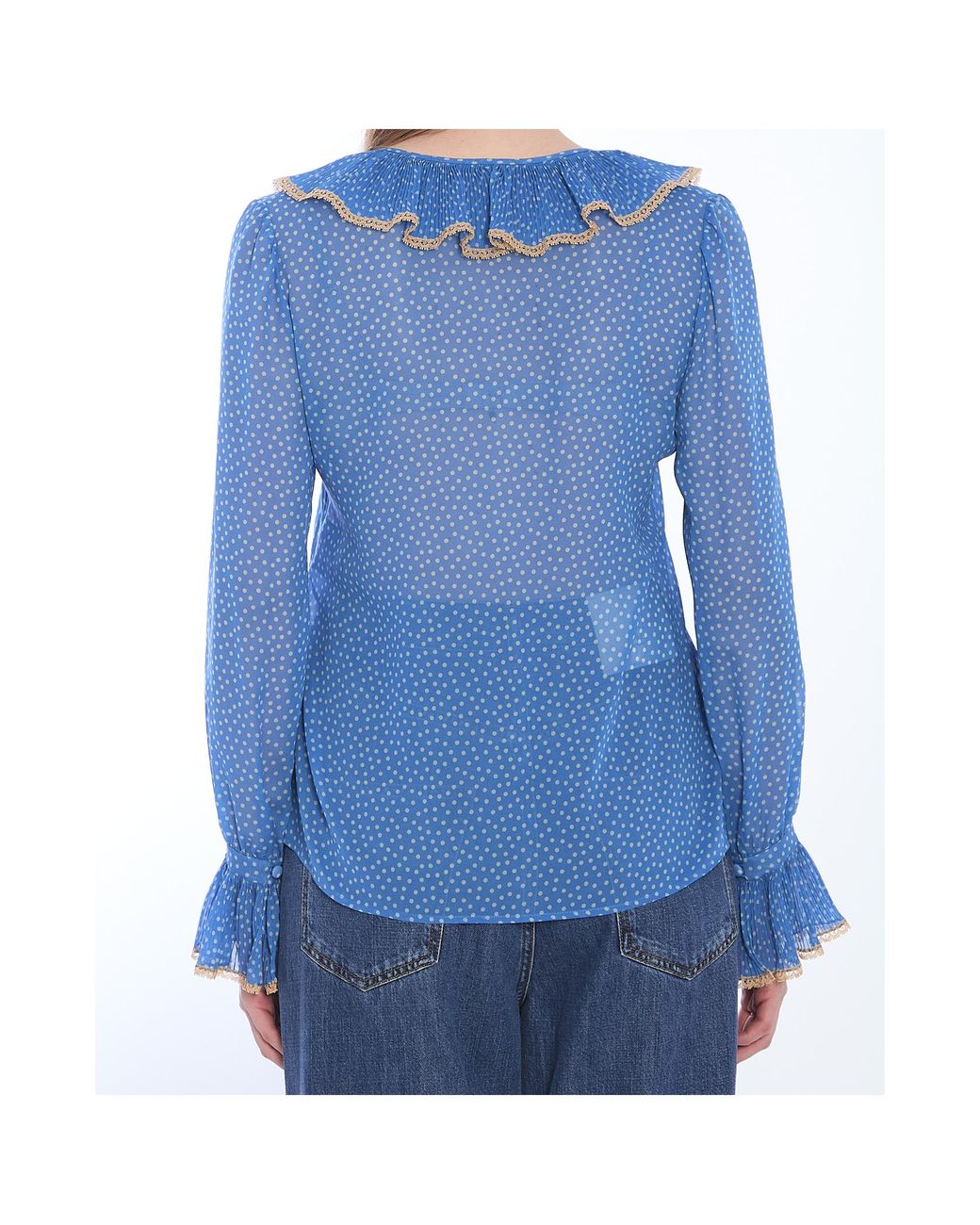 Valentino Blue Polka-Dot Printed Ruffled Blouse