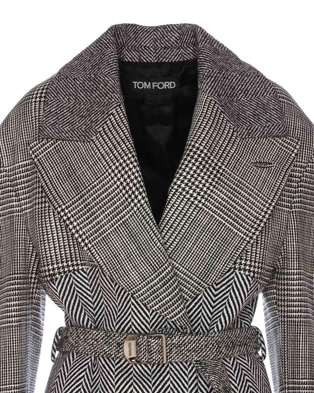 Tom Ford Gray Houndstooth-Pattern Straight Hem Belted Coat