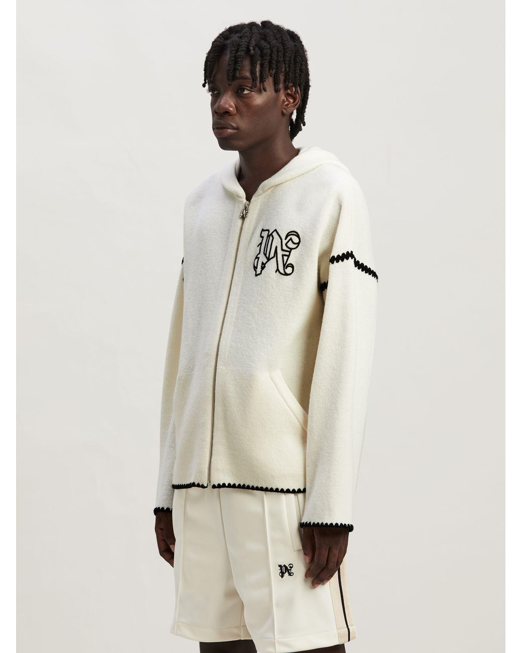 Palm Angels Natural Monogram Embroidered Zipped Knitted Hoodie for men