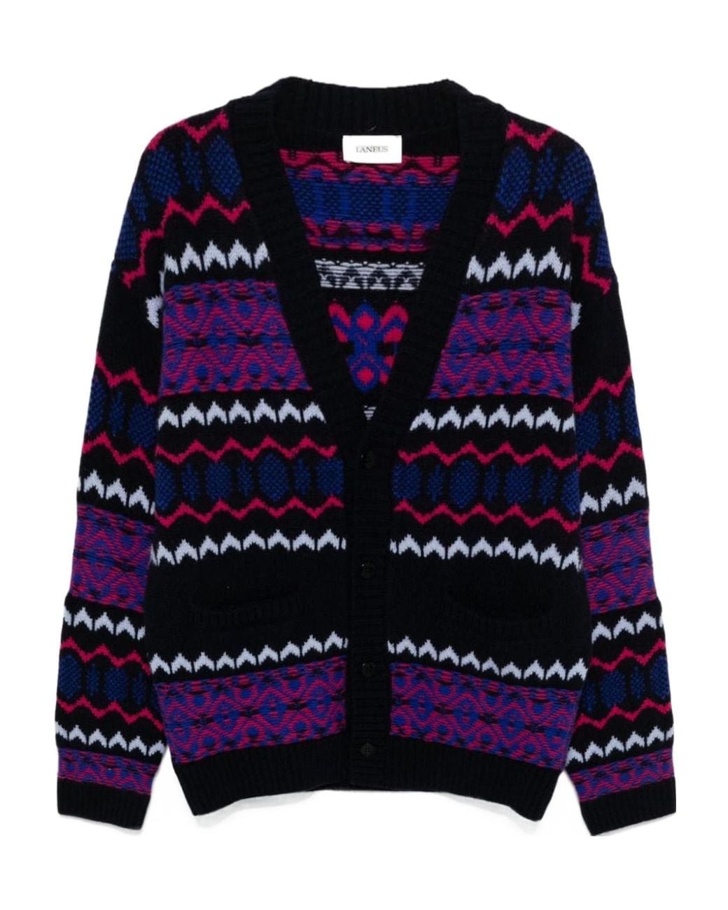 Laneus Blue Intarsia-Knit V-Neck Cardigan for men