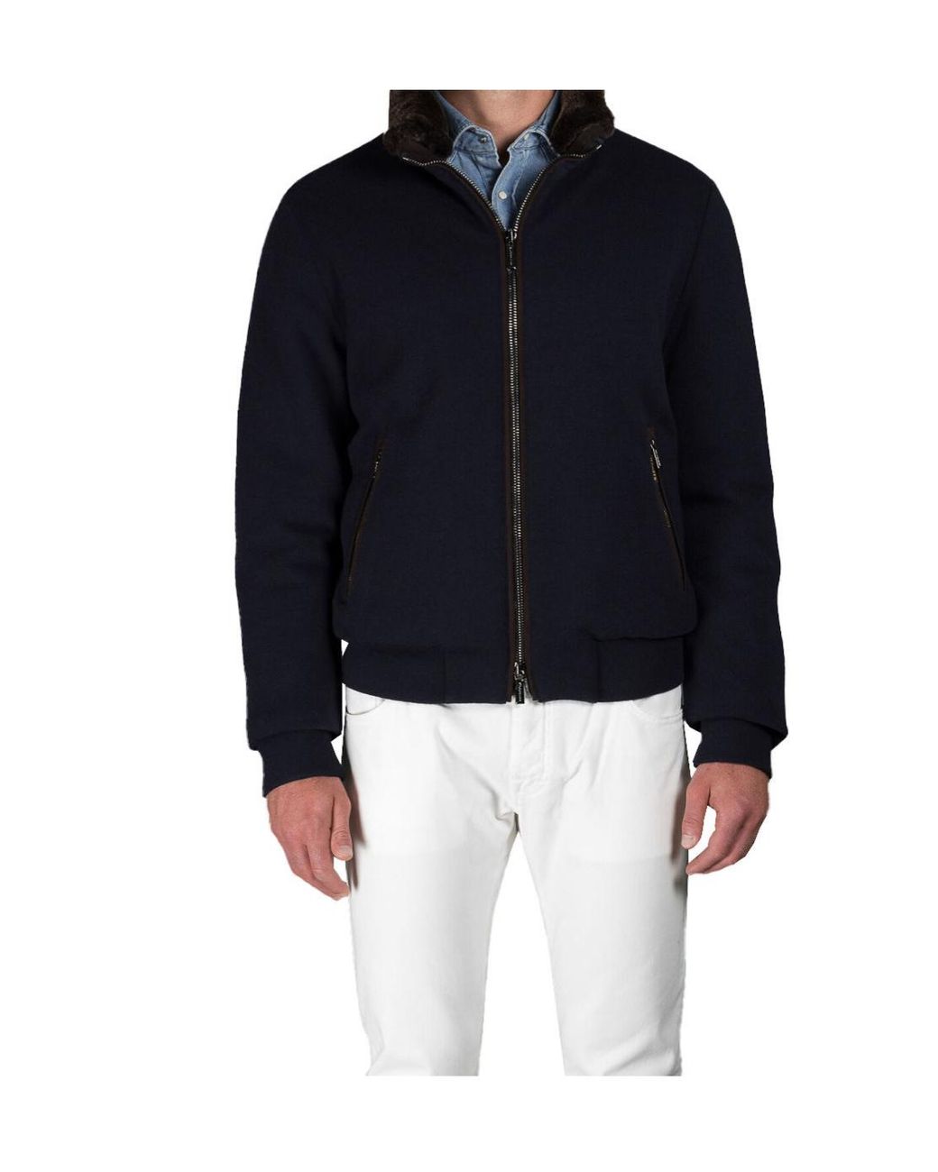 Moorer Blue Faux Fur Collar Zip Jacket for men