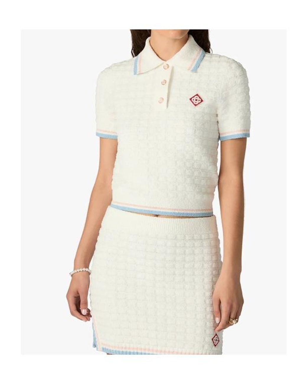 Casablanca White Textured Bouclé Logo Patch Polo Top