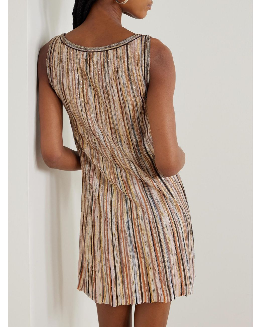 Missoni Natural Striped Sequined Metallic Ribbed-Knit Mini Dress