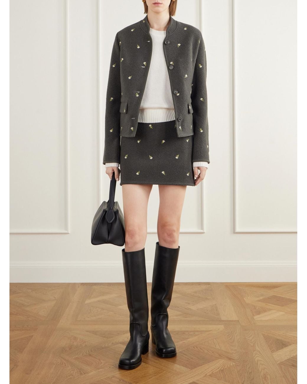 Rier Black Floral-Embroidered Felted Wool-Fleece Jacket