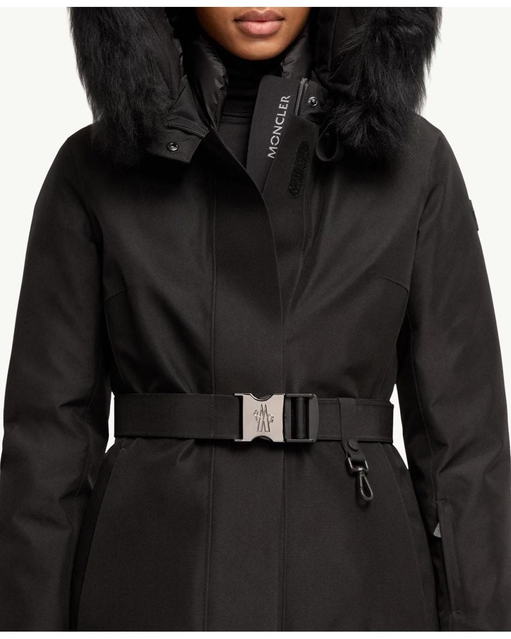 Moncler Black Grenoble Belted Fur-Trim Down Jacket