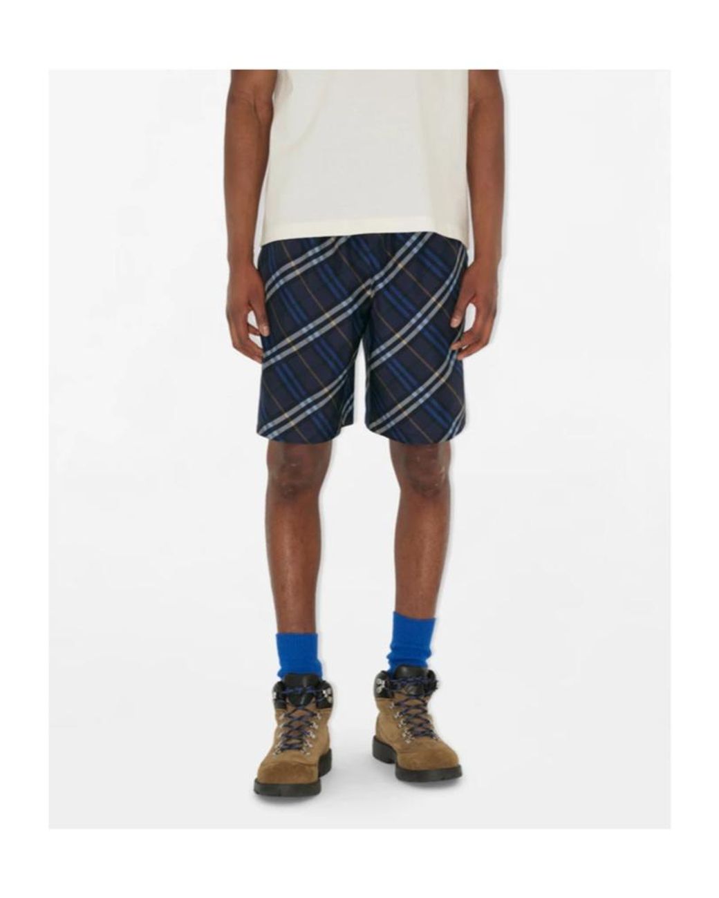 Burberry Blue Silk Poplin Check Shorts for men