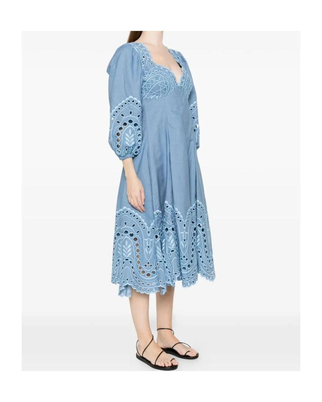 Charo Ruiz Blue Corbin Puff-Sleeves Midi Dress