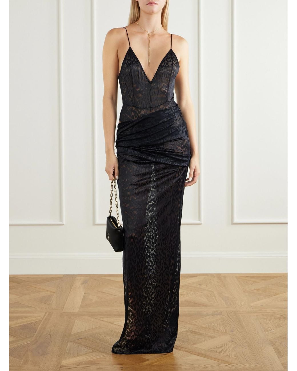 Alex Perry Black Draped Cut-Out Leopard-Print Lace Maxi Dress