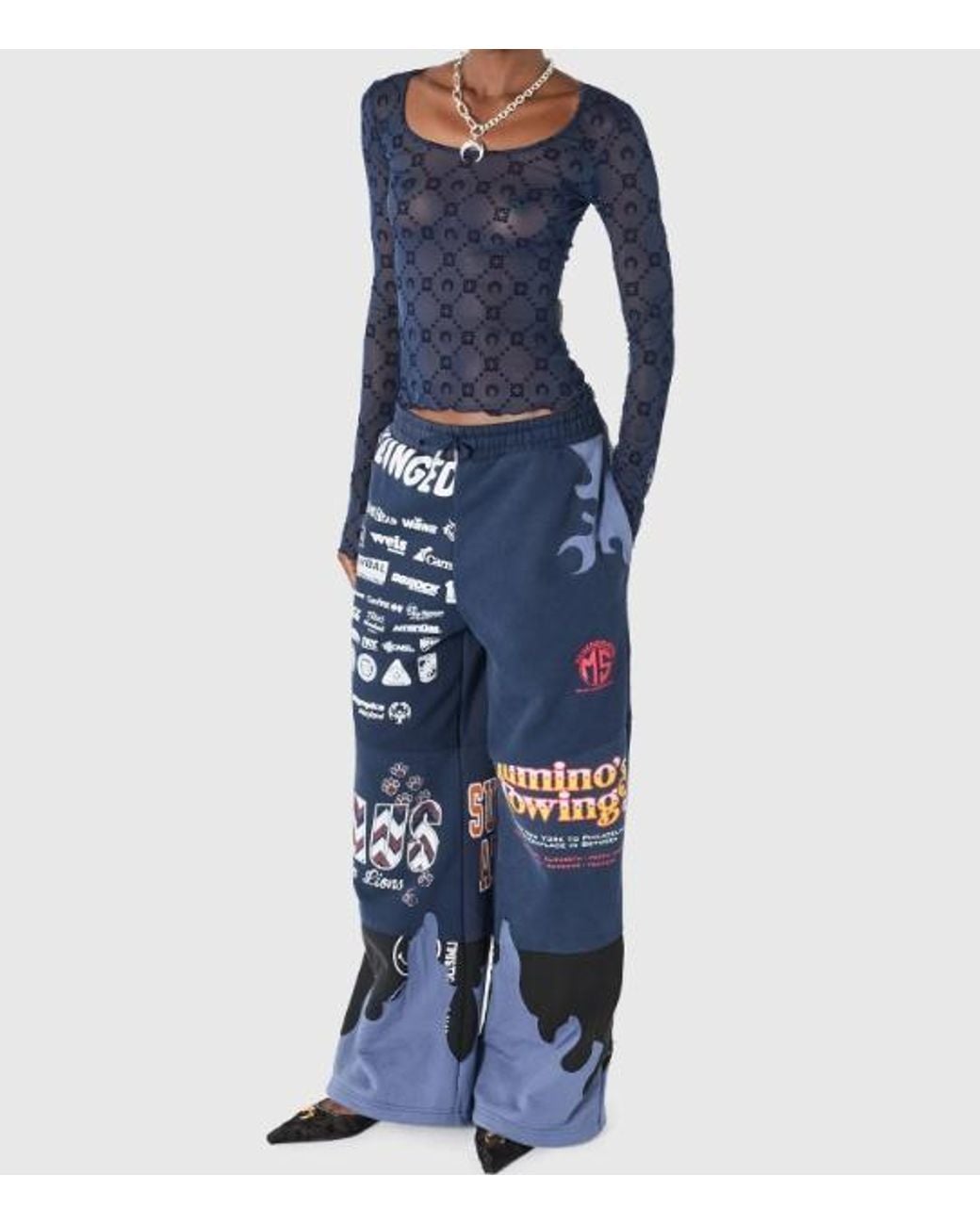 MARINE SERRE Blue Moonogram Mesh Flock Long Sleeves Roundneck Top