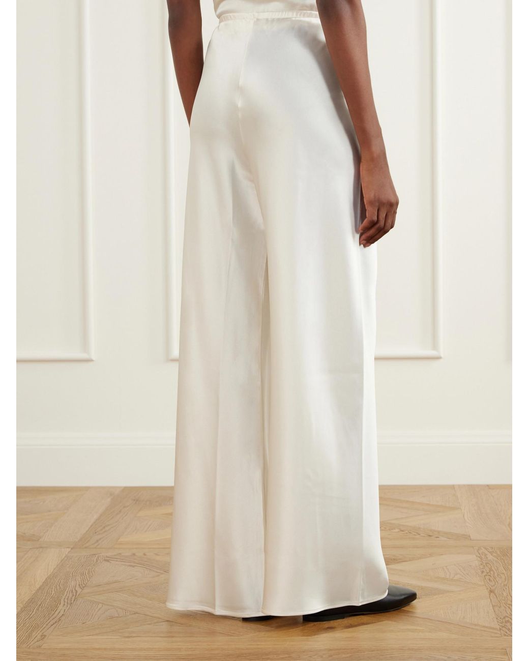 Leset White Barb Draped Satin Wide-Leg Pants