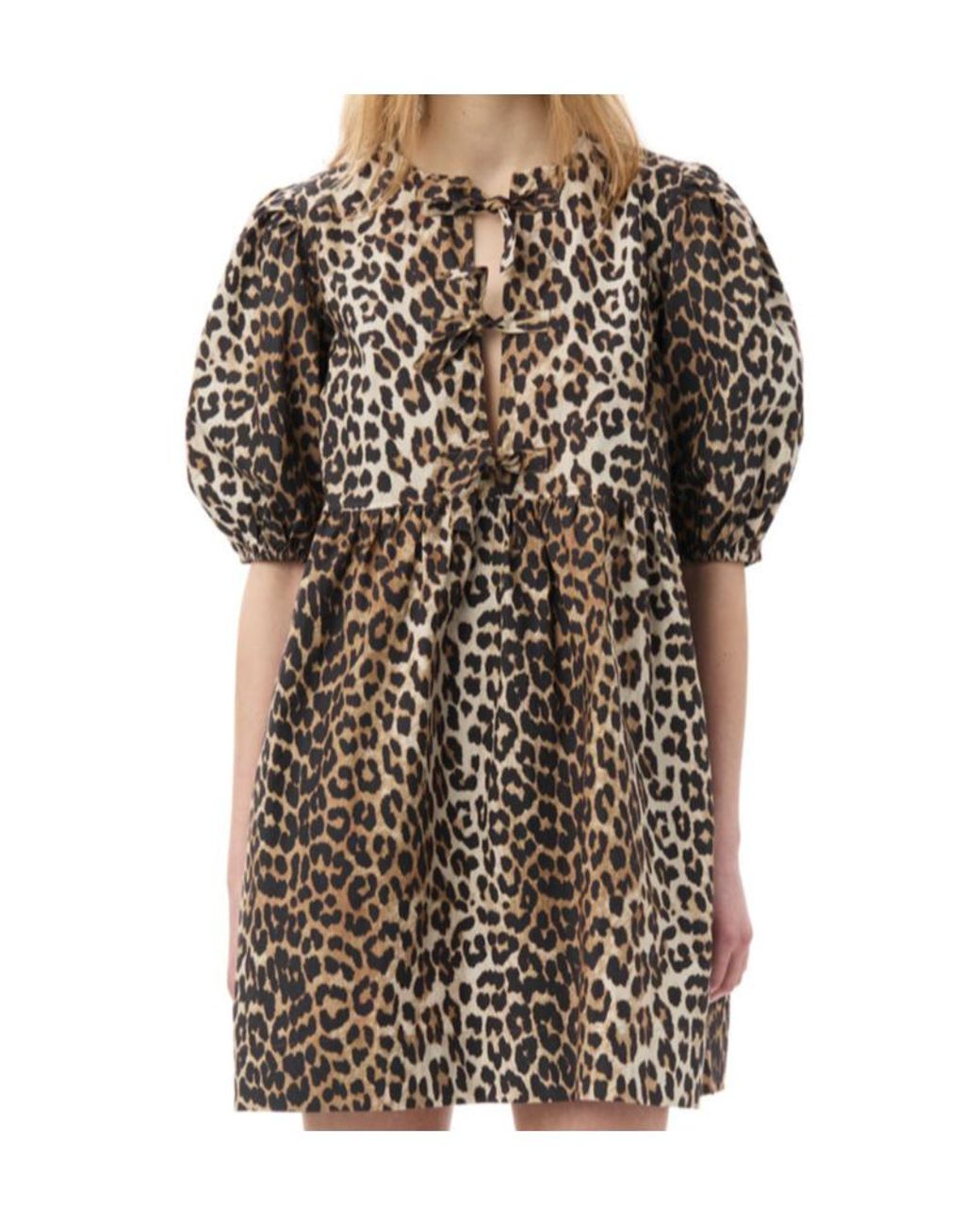 Ganni Multicolor Leopard Printed Balloon Sleeved Mini Dress