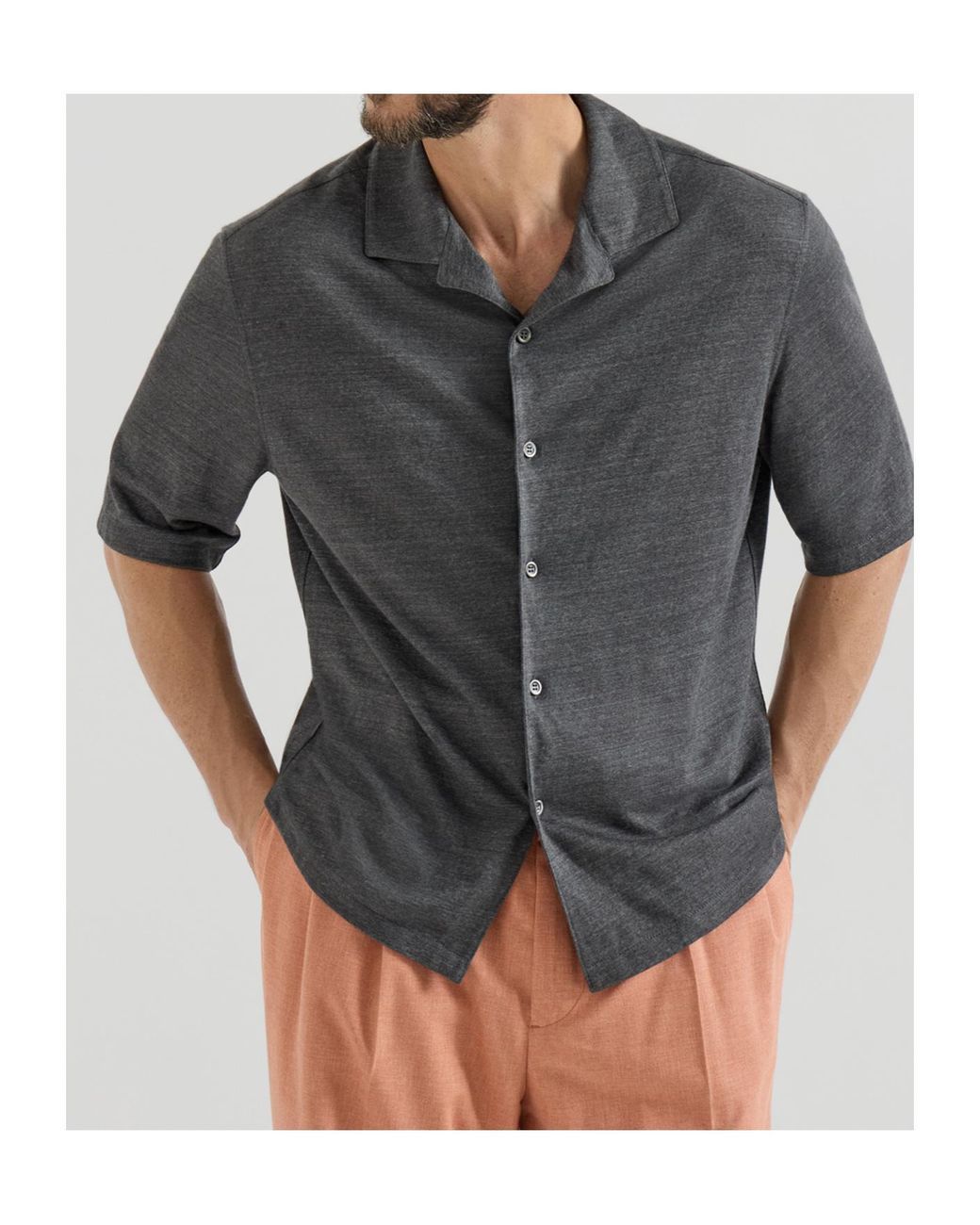 Brunello Cucinelli Gray Camp Collar Short Sleeve Shirt for men