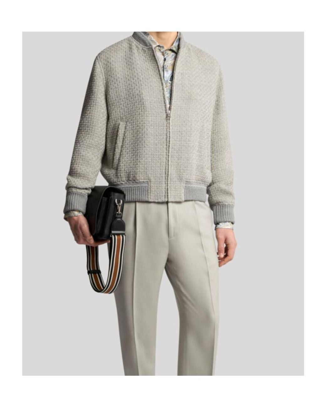 Etro Gray Chunky Knitted Bomber Jacket for men