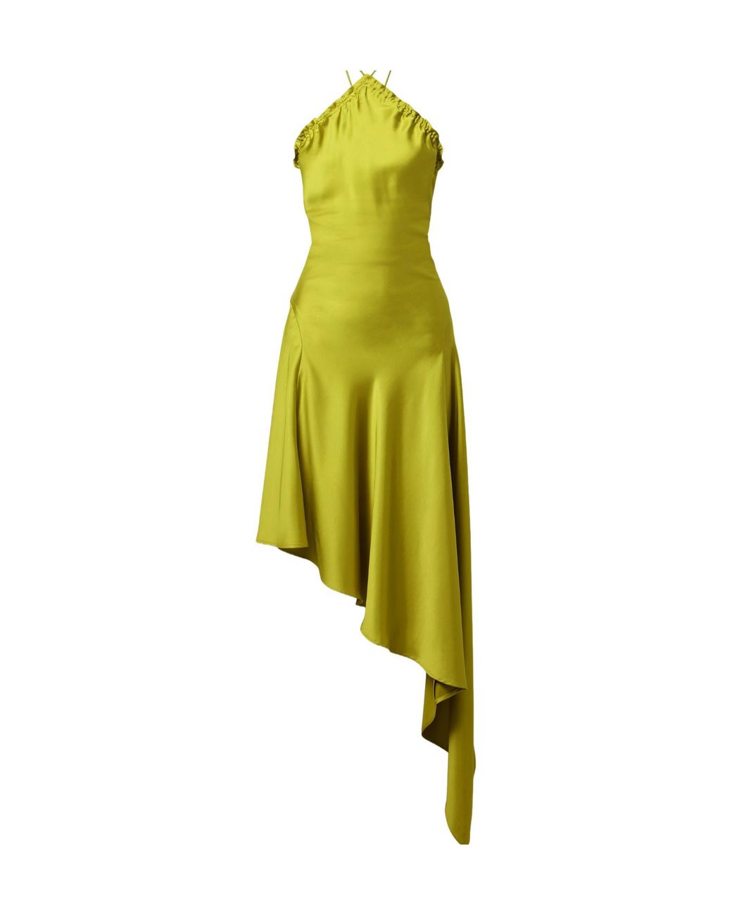 The Attico Yellow Asymmetric Feather-Trimmed Satin Halterneck Midi Dress