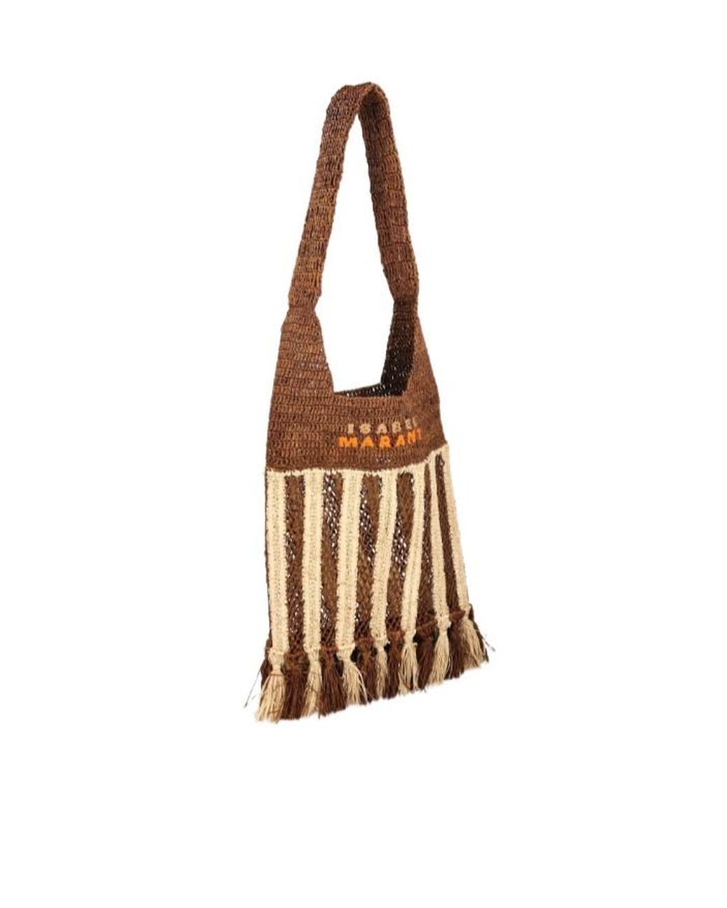 Isabel Marant Brown Logo Embroidered Striped Tassel Shoulder Bag