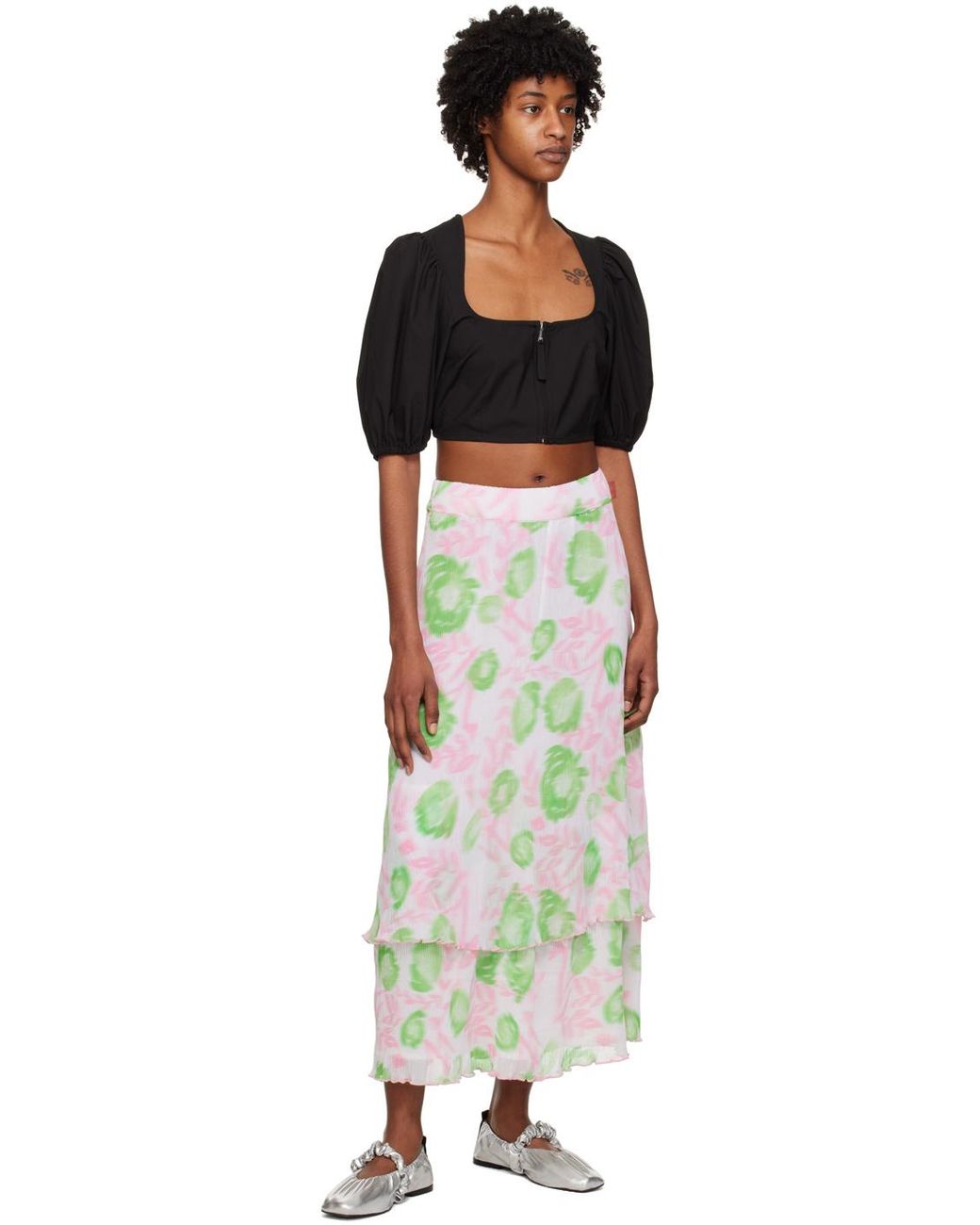 Ganni Black Puff Sleeved Cropped Top