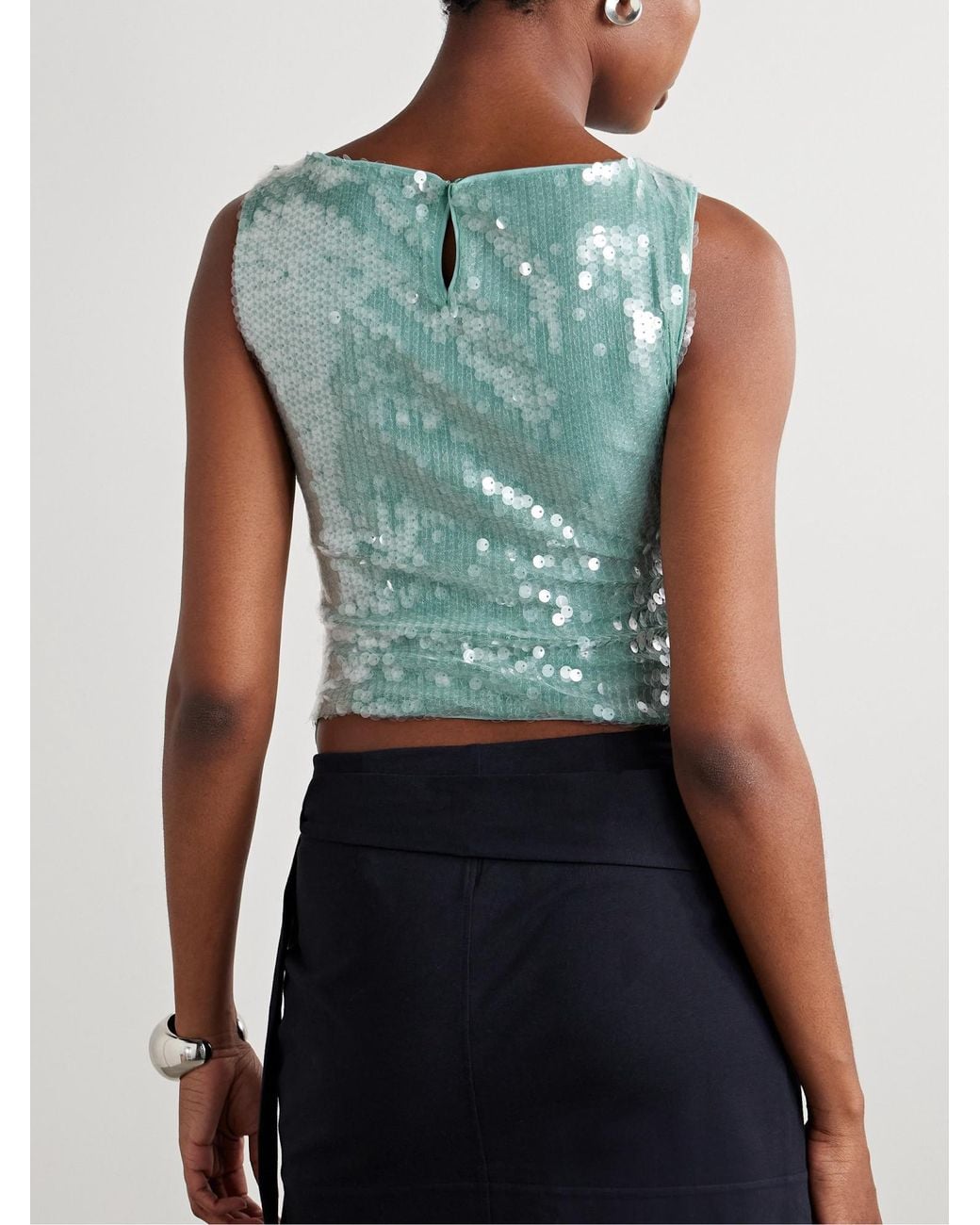Staud Green Ruched Sequined Tulle Top