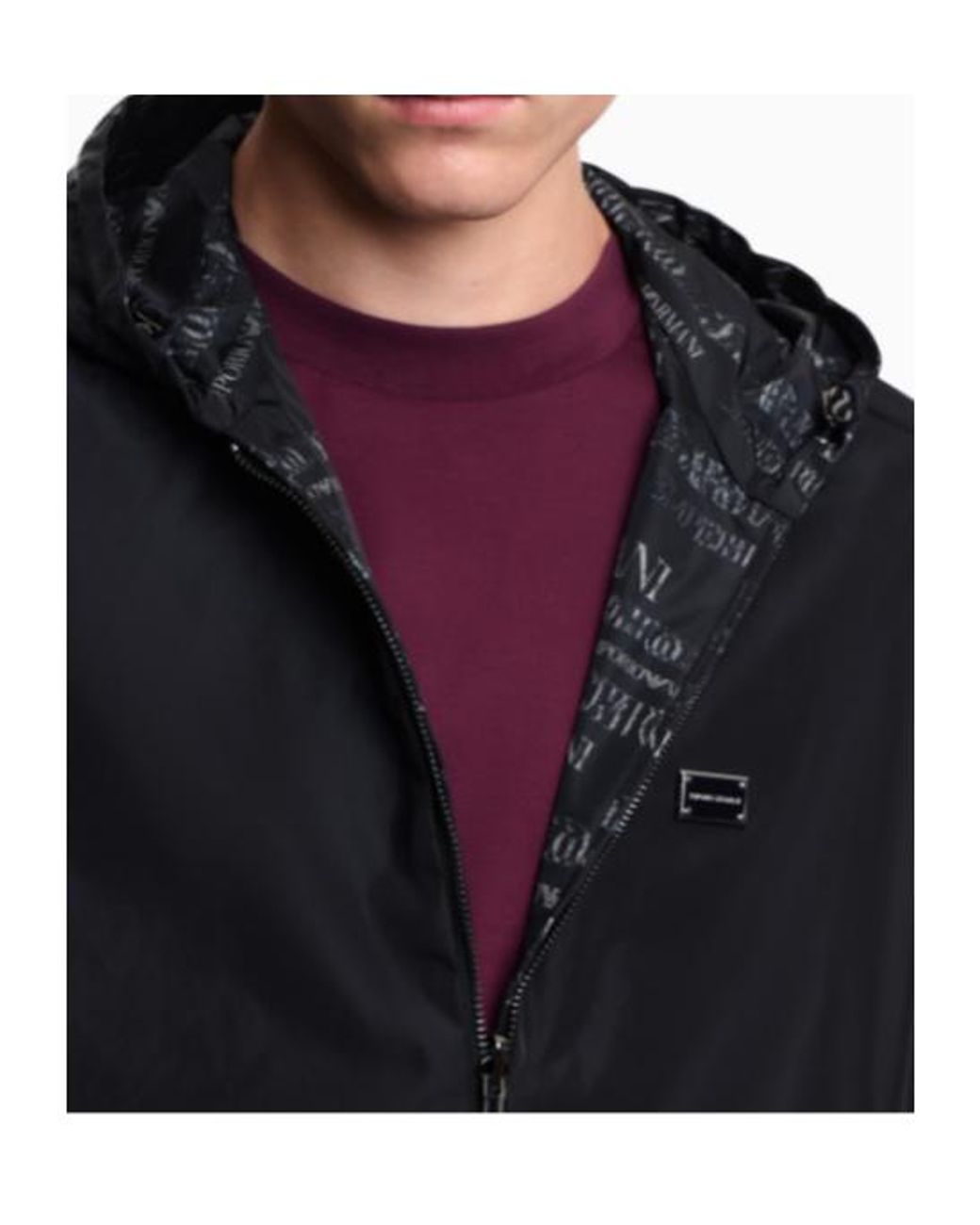 Emporio Armani Blue Hooded Blouson Jacket With A Zip And An All-Over Print for men