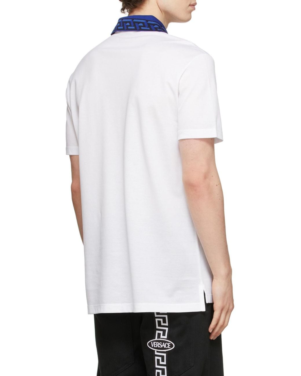 Versace Blue Intarsia-Knit Logo Straight Hem Polo Shirt for men