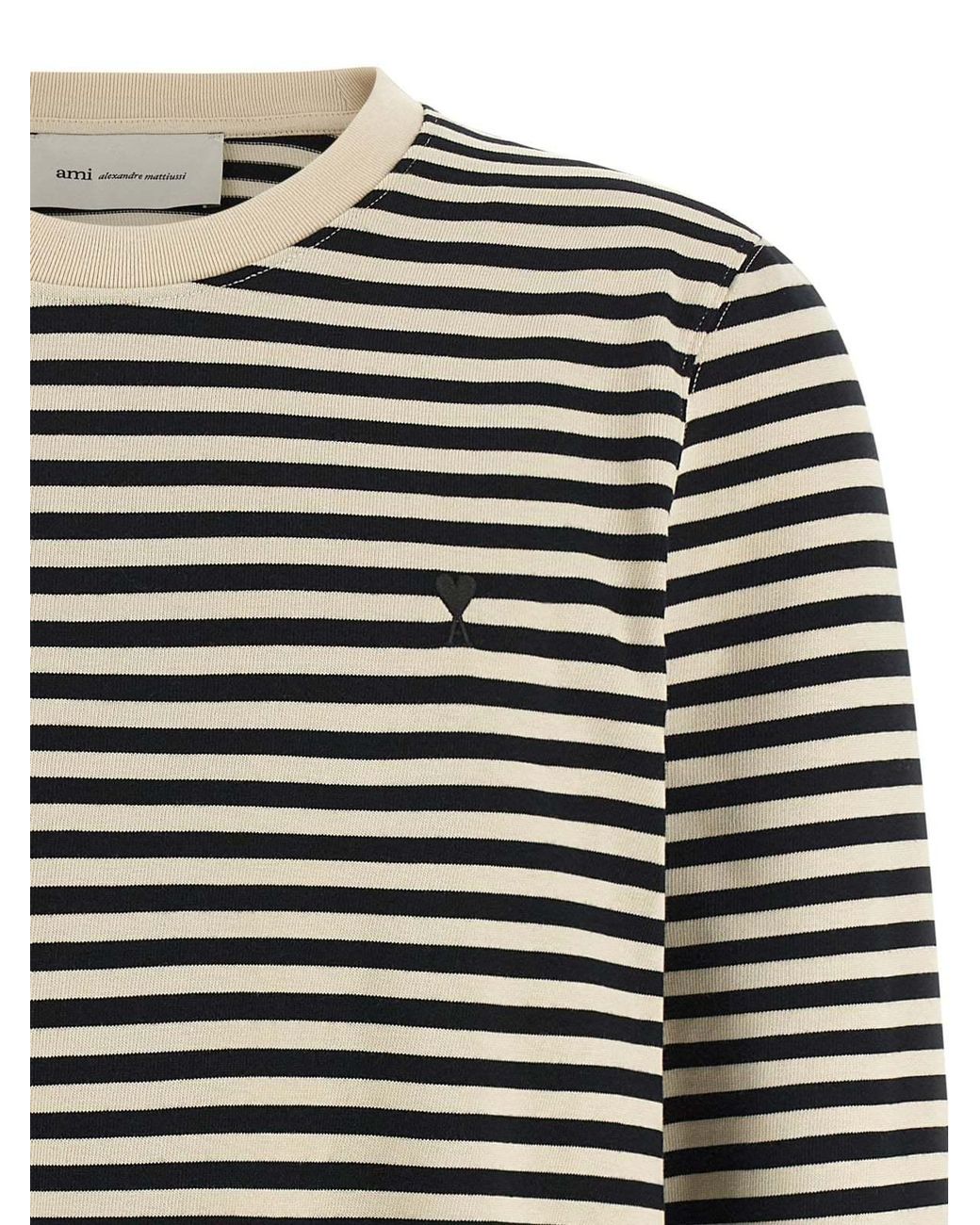 AMI Black Ami Ami De Coeur Mariniere Logo Embroidered Striped Ribbed T-Shirt for men
