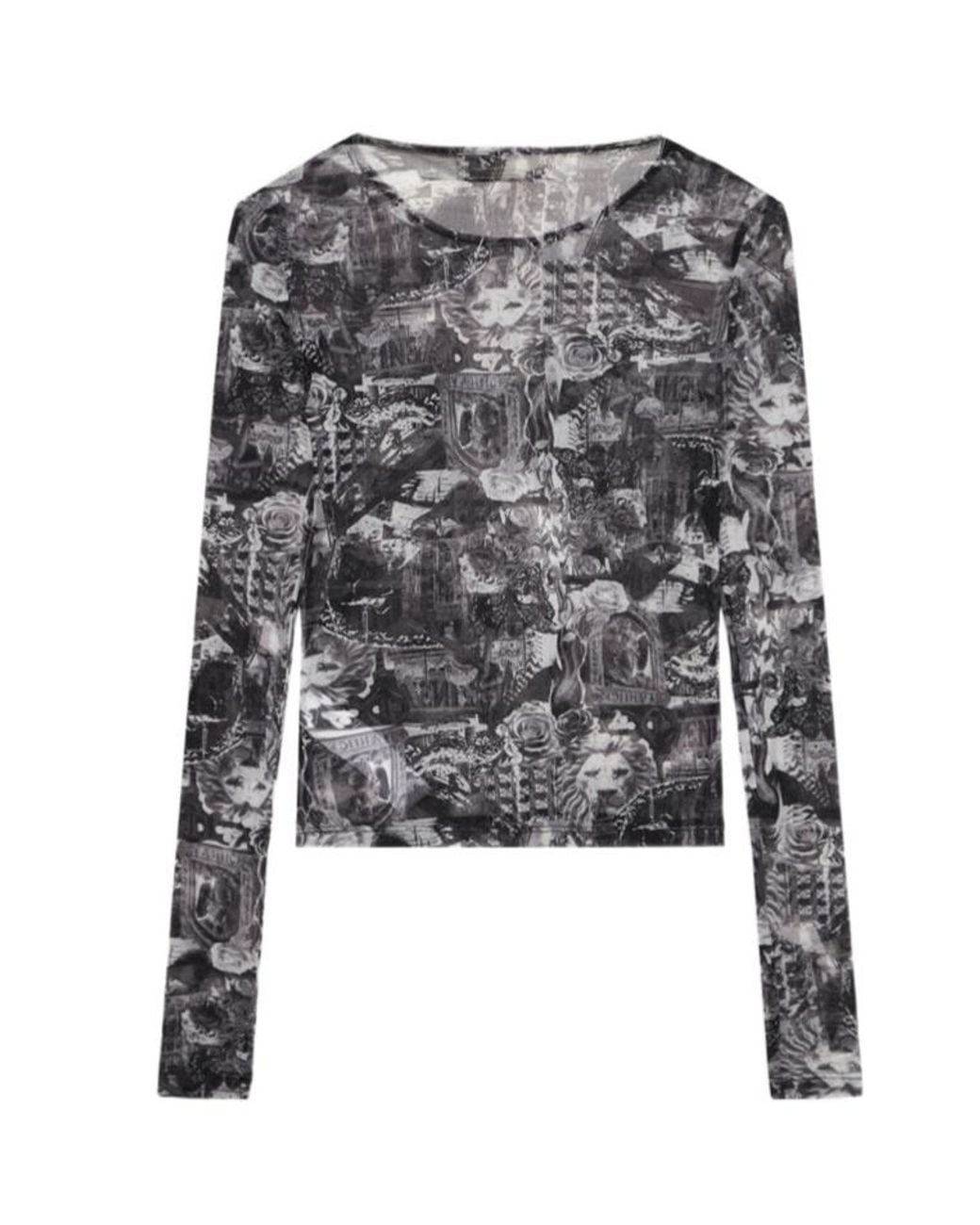 Blumarine Gray Printed Rhinestone Logo Top