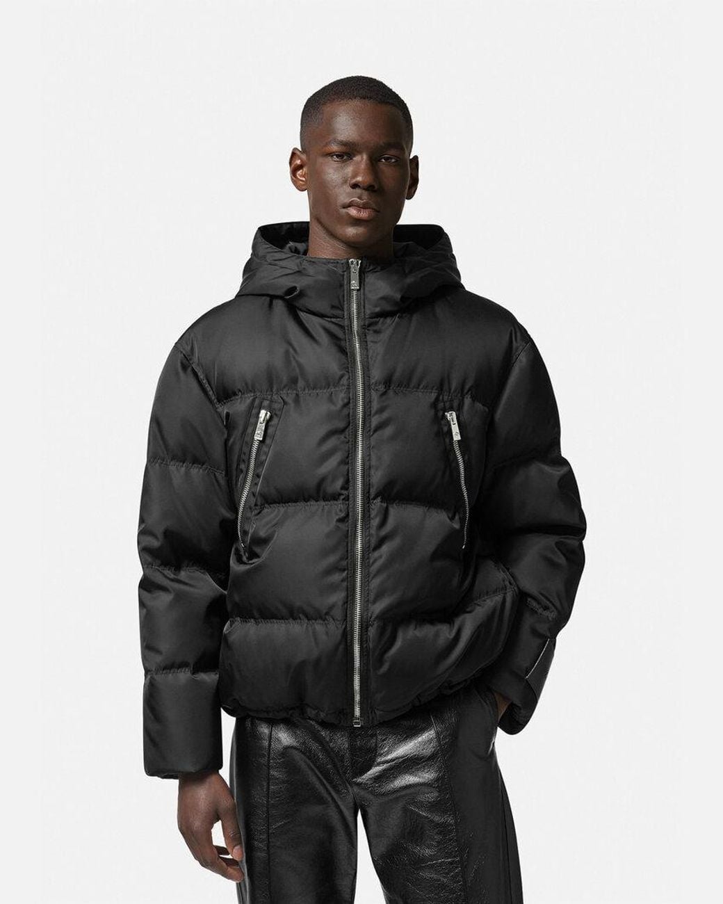 Versace Black Hooded Zip-Up Puffer Jacket for men