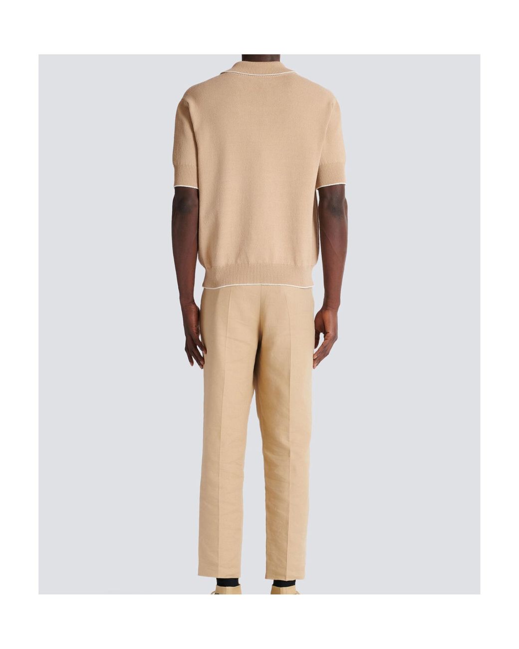 Balmain Natural Knitted Crest-Detail Polo Shirt for men