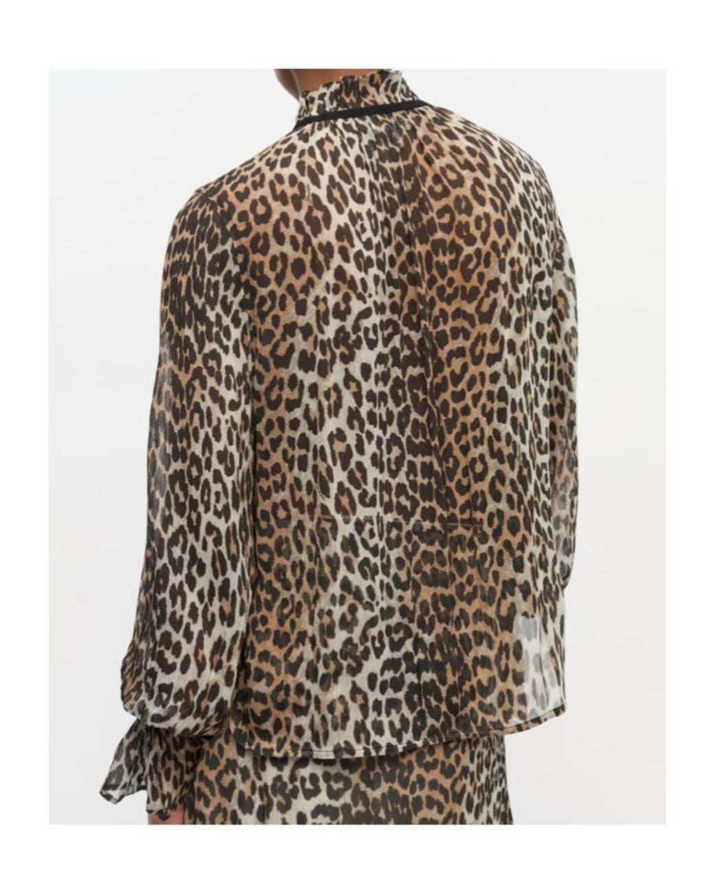 Ganni Gray Leopard Printed Chiffon Tie String Shirt