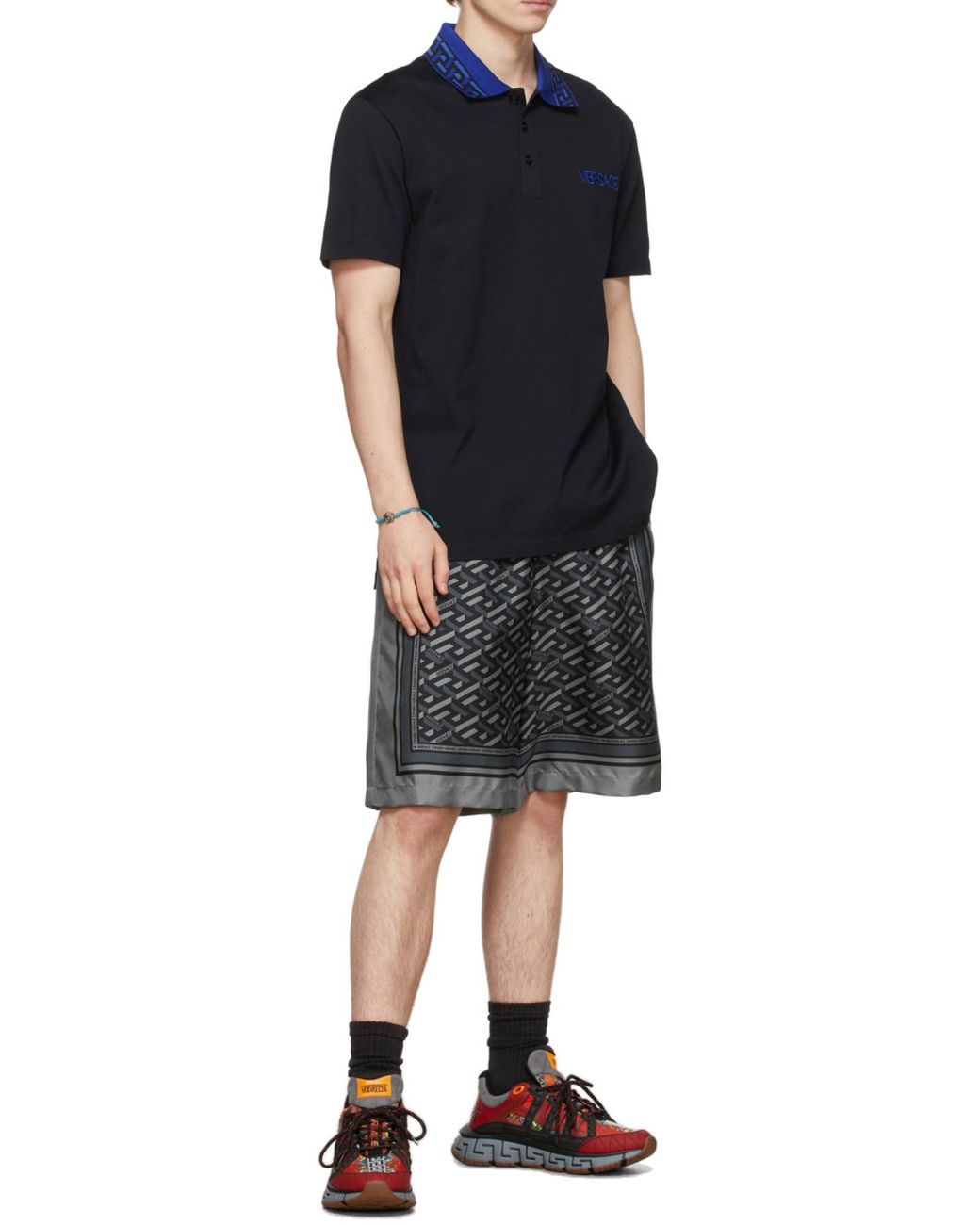 Versace Black Intarsia Logo Short-Sleeved Polo Shirt for men