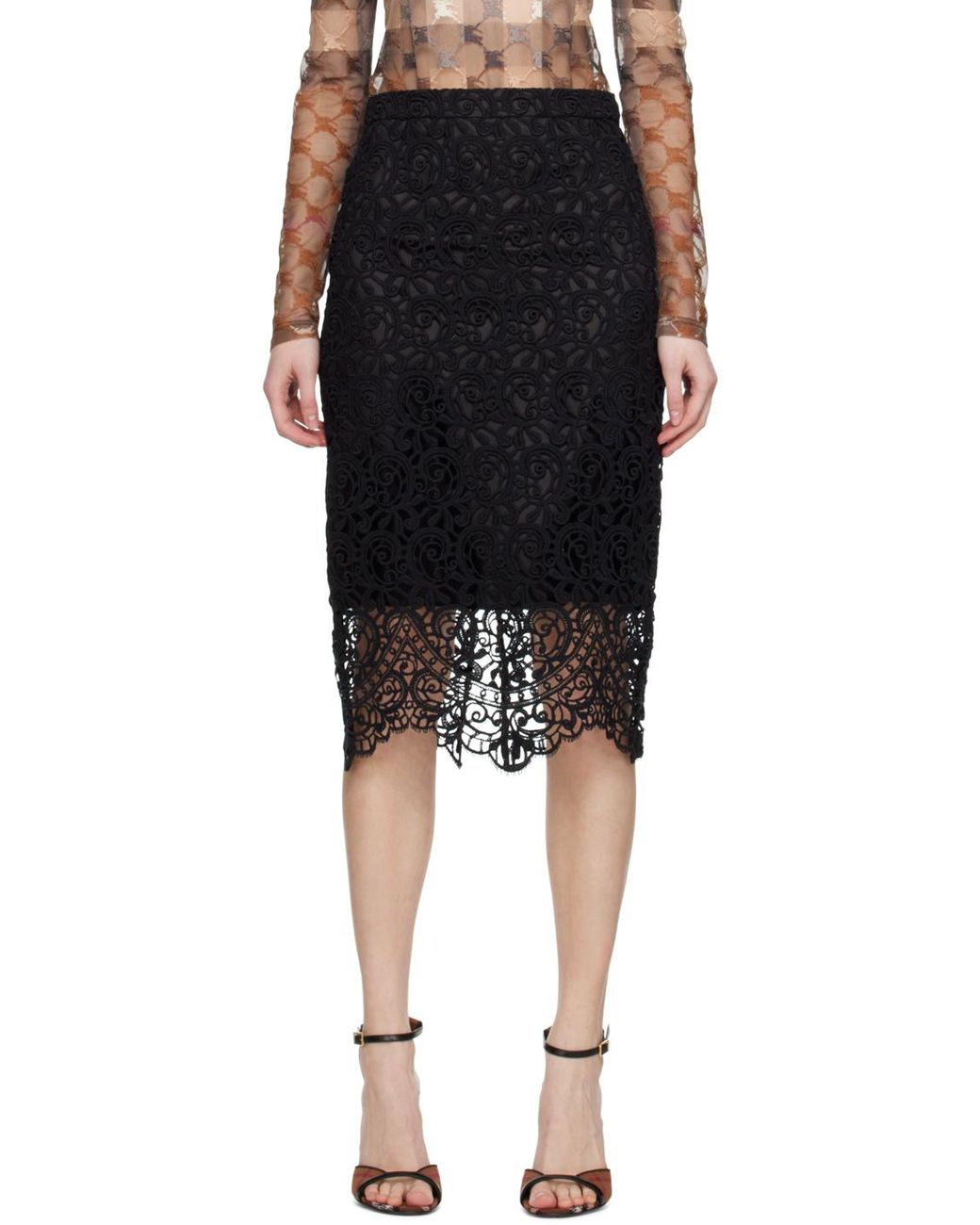 Burberry Black Lace-Detailed Knitted Pencil Skirt