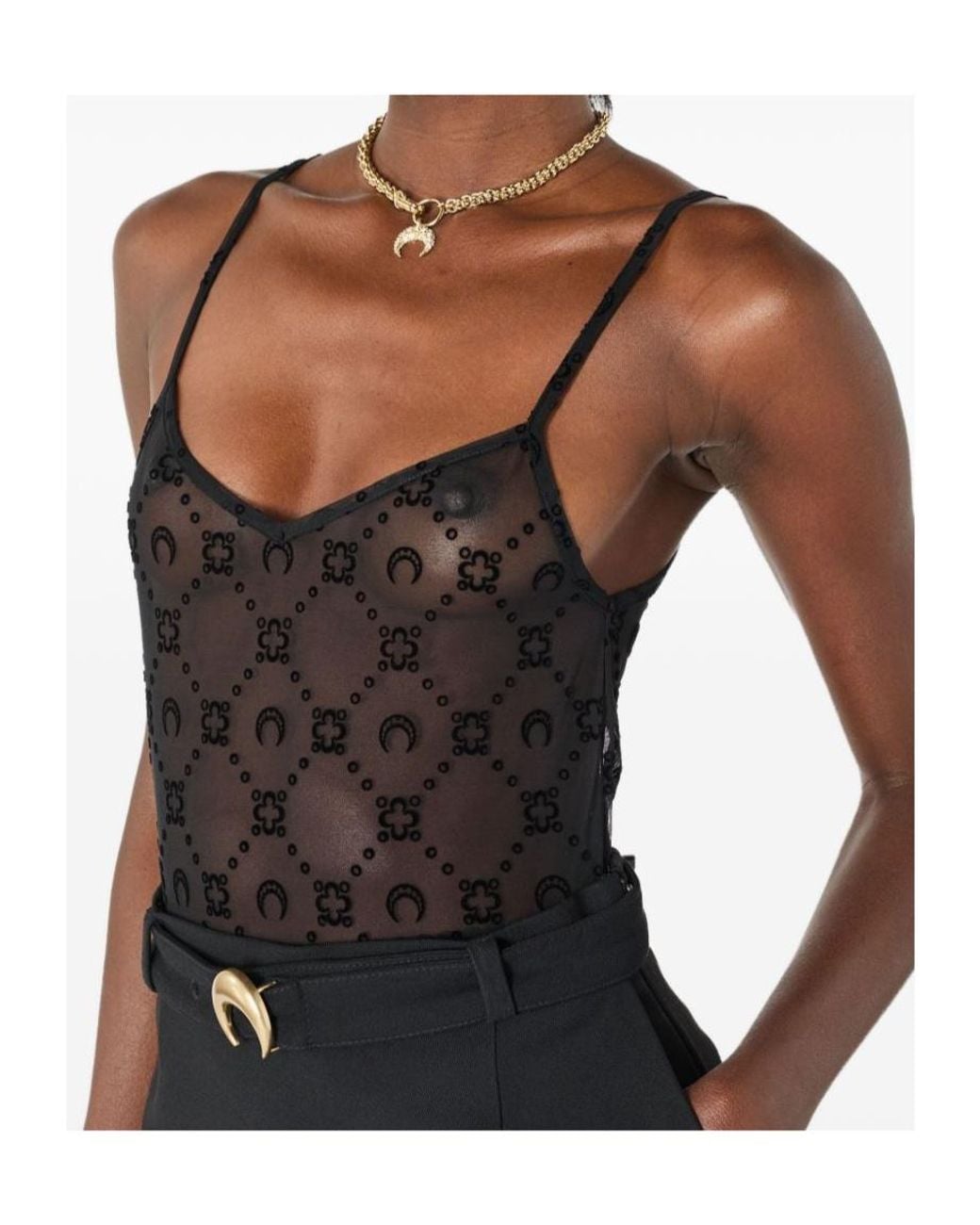 MARINE SERRE Black Moonogram Mesh Flock Straps Top