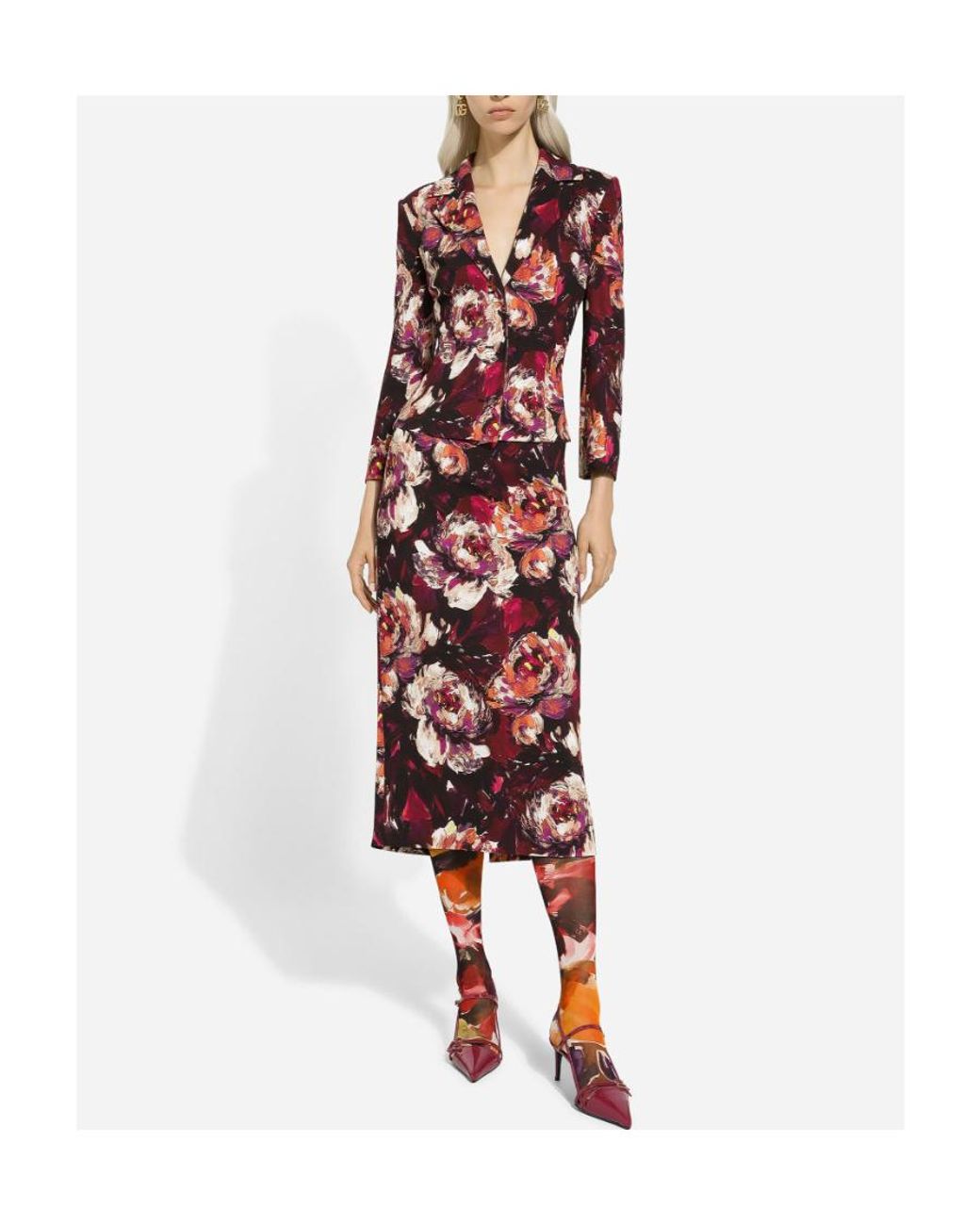 Dolce & Gabbana Red Peony Printed Cady Calf-Length Skirt
