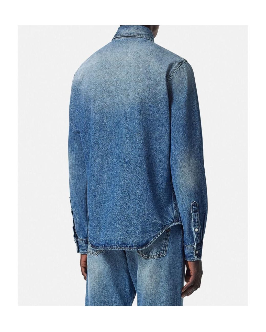 Versace Blue Logo-Embossed Button-Up Denim Shirt for men