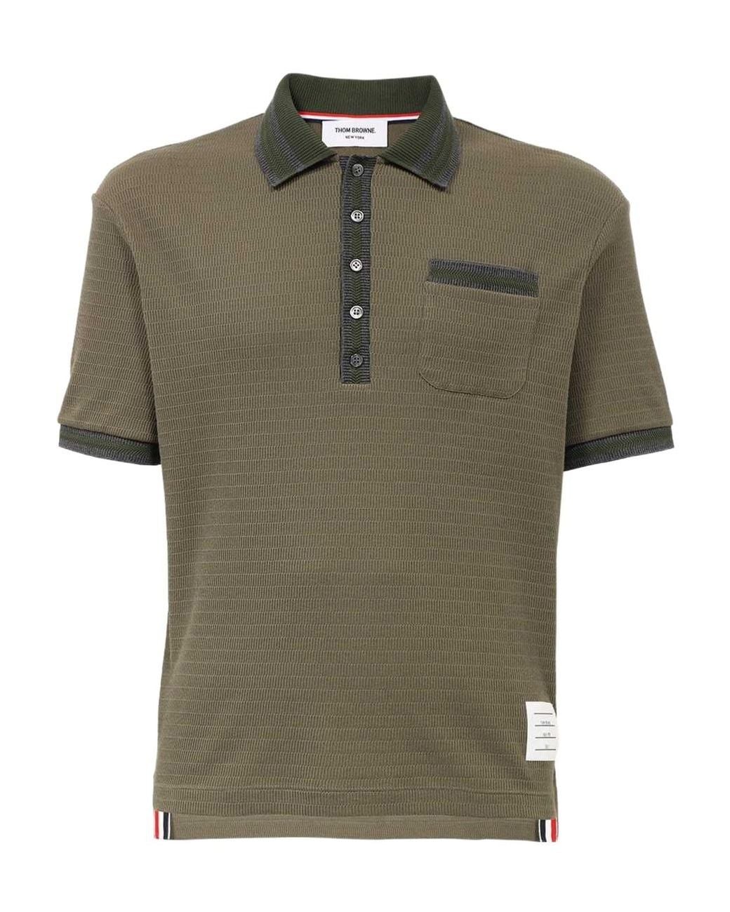 Thom Browne Green Pointelle Stripe Detailed Polo Shirt for men
