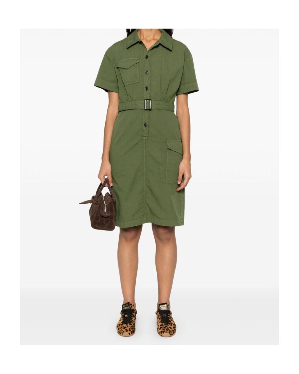 Woolrich Green Button Detailed Belted Dress