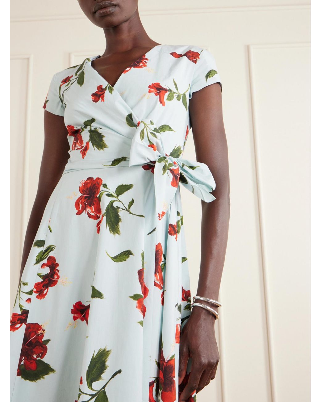 Oscar de la Renta White Floral-Print Cotton-Poplin Wrap Midi Dress