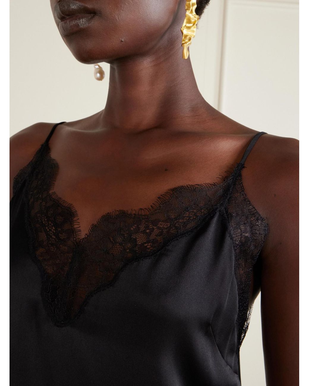Anine Bing Black Lace-Trimmed Silk-Blend Satin Top