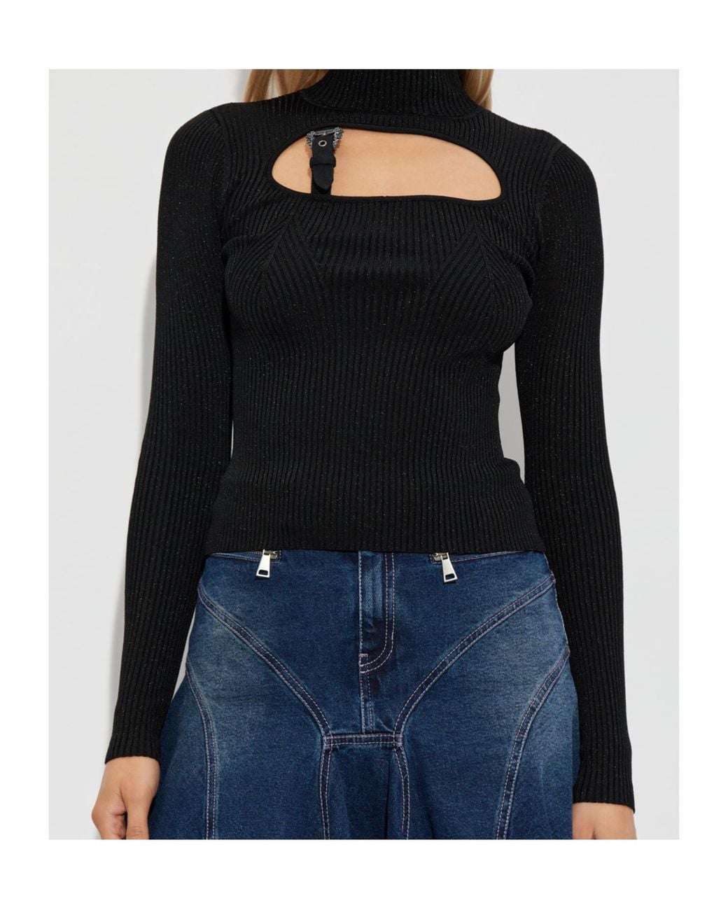 Versace Jeans Black Couture Cut-Out Ribbed-Knit Top