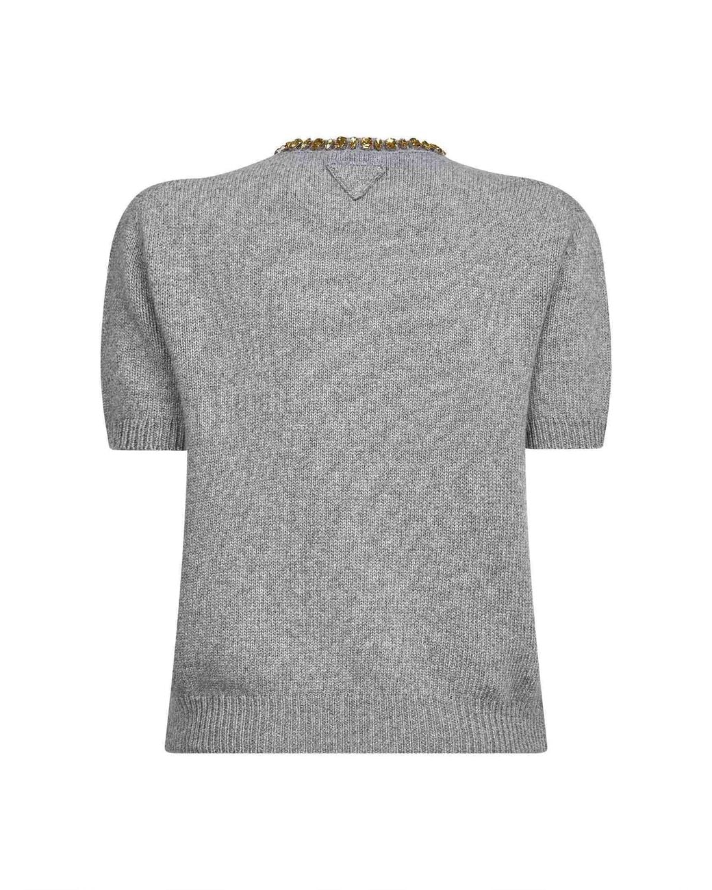 Prada Gray Wool-Cashmere Embellished Sweater