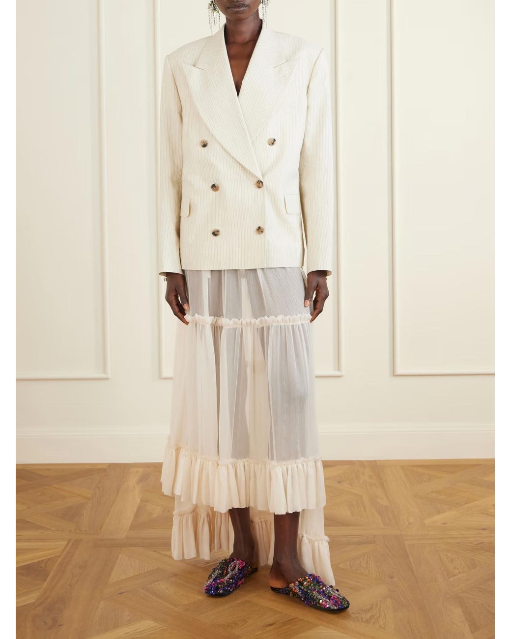 Dries Van Noten Natural Bosea Double-Breasted Striped Suit Jacket