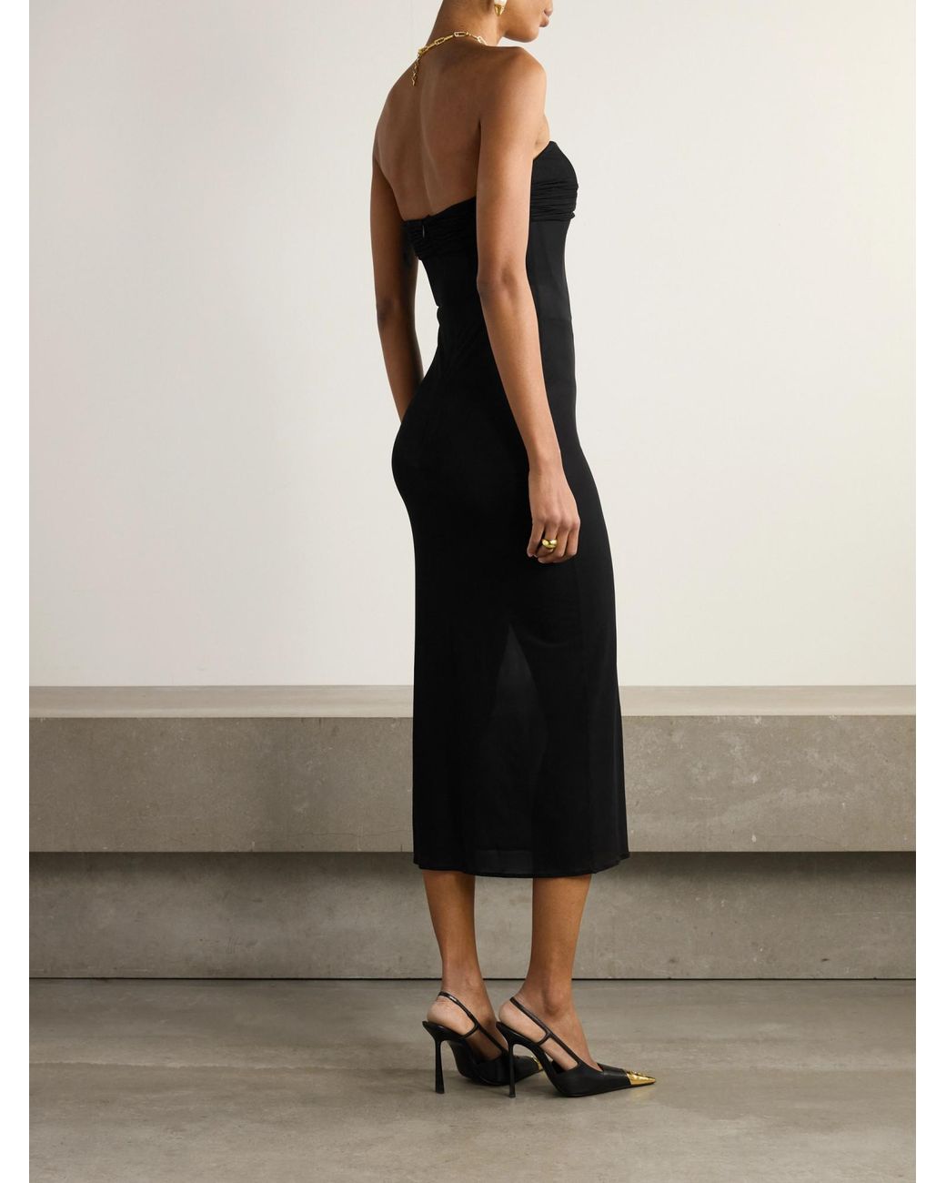 Magda Butrym Black Strapless Gathered Jersey Midi Dress