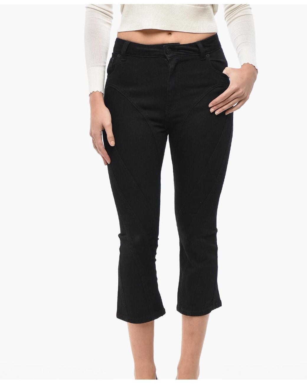 Mugler Black Cropped-Fit Patchwork-Effect Jeans