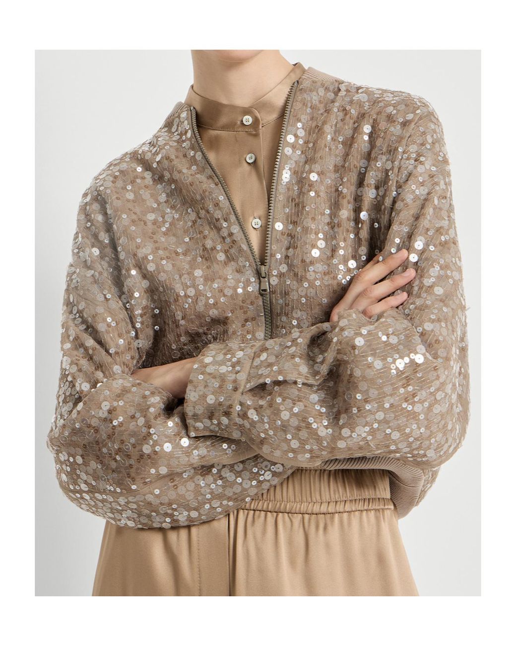 Brunello Cucinelli Brown Sequin-Embroidery Bomber Jacket