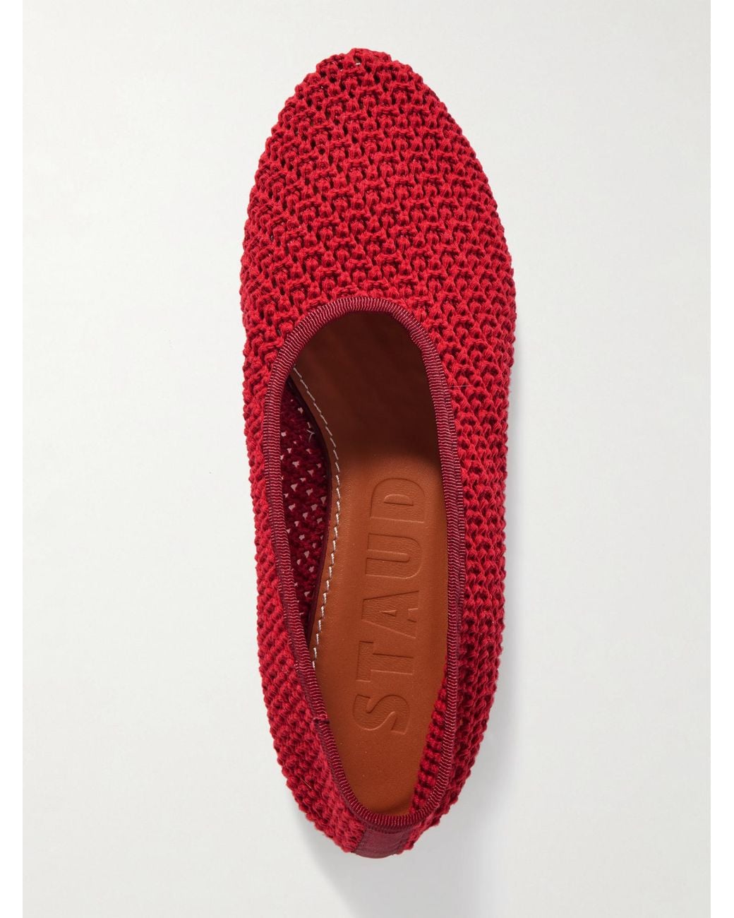 Staud Red Grosgrain-Trimmed Crocheted Ballet Flats