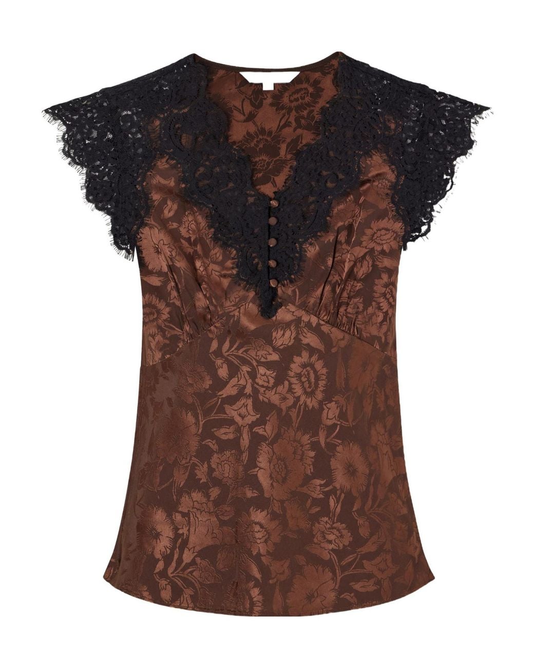 Veronica Beard Brown Lace-Trimmed Floral-Jacquard Silk-Blend Satin Blouse