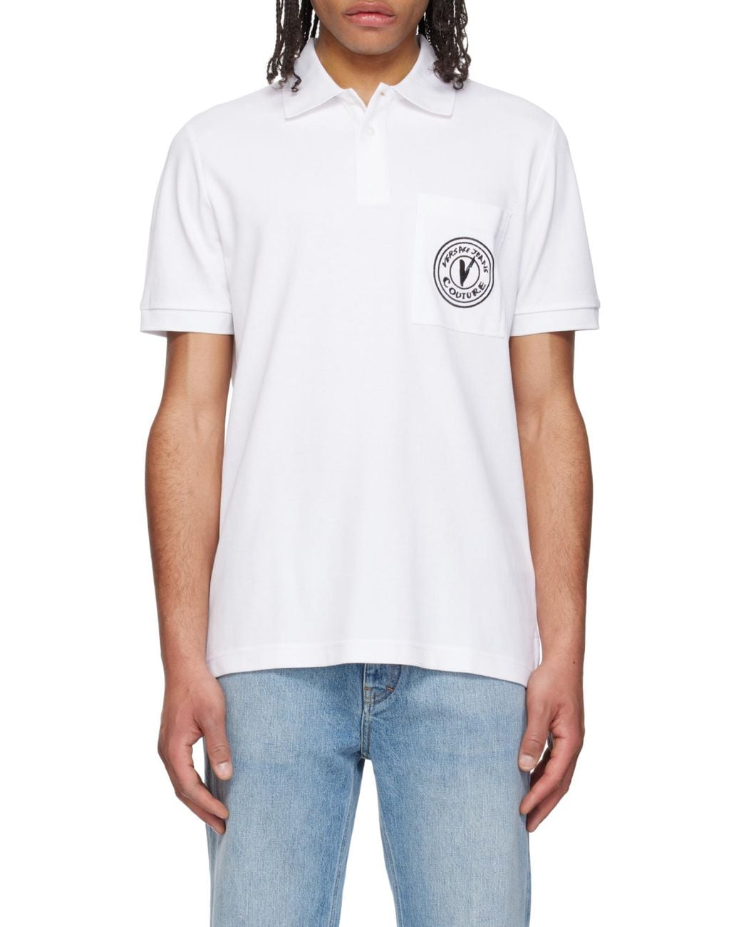 Versace Jeans White Couture Logo Embroidered Polo Shirt for men