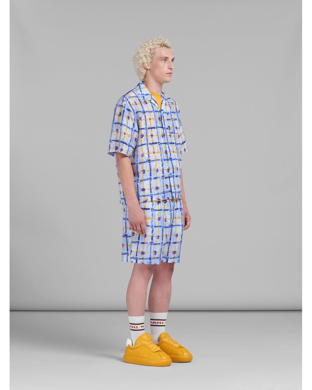 Marni Blue Light Habotai Silk Bowling Shirt With Saraband Print for men