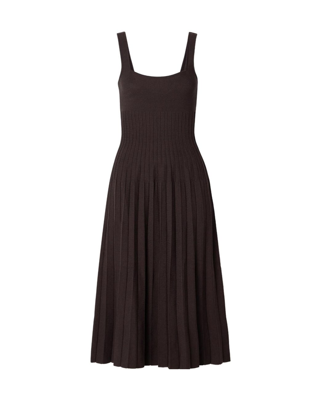 Staud Brown Pleated Ribbed-Knit Midi Dress