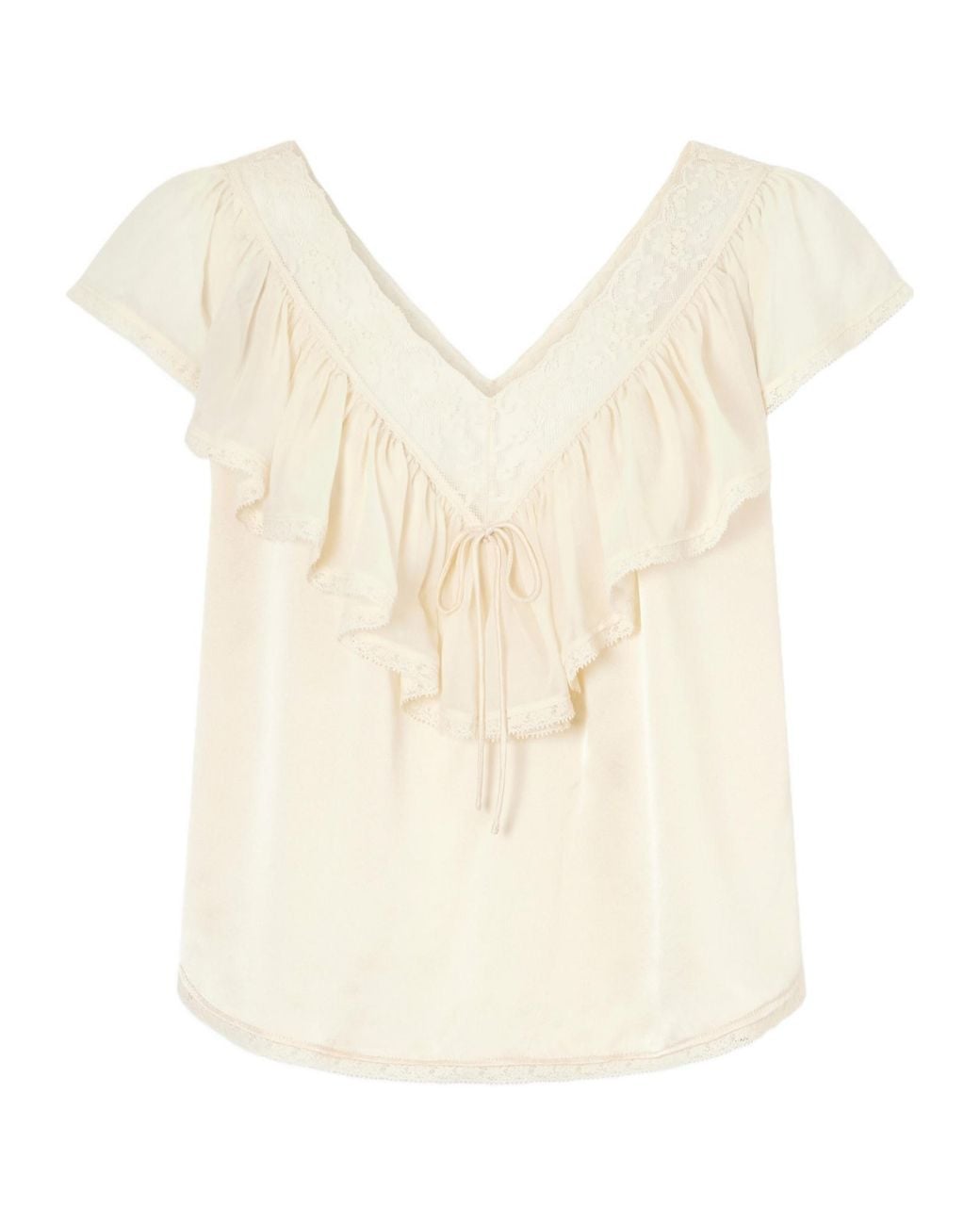 Doen White Ruffled Lace-Trimmed Silk Blouse